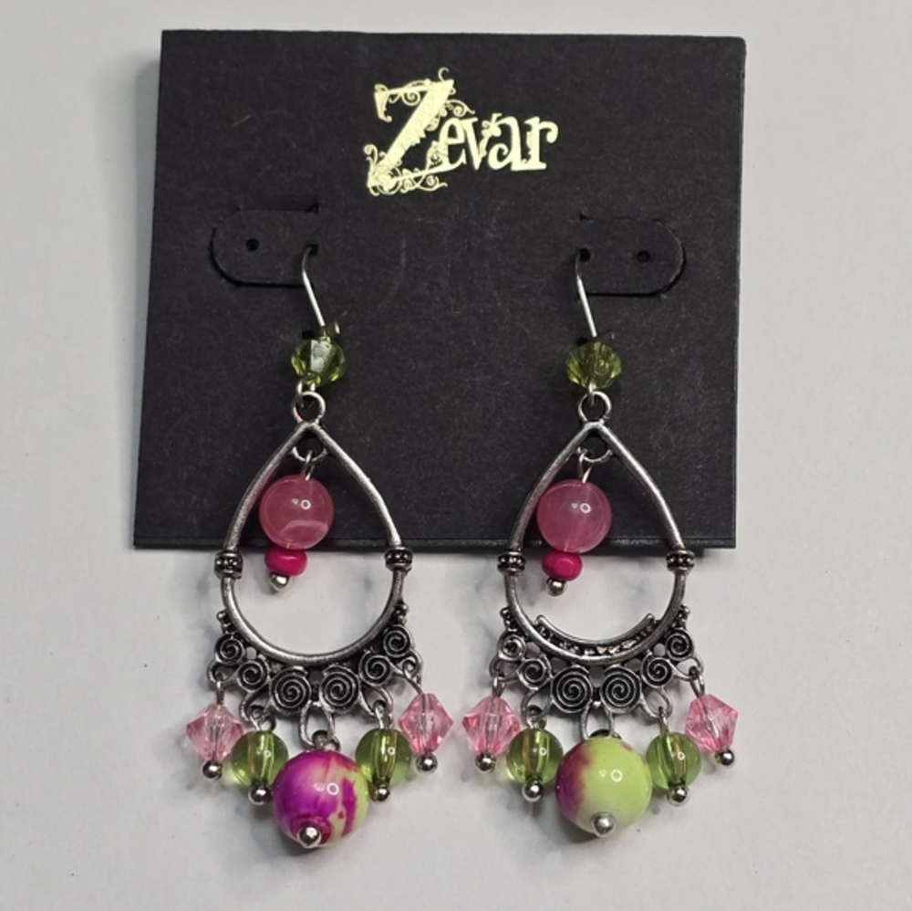 Treska Zevar Pink Green Beaded Chandelier‎ Earrings Silver Boho Teardrop Dangle